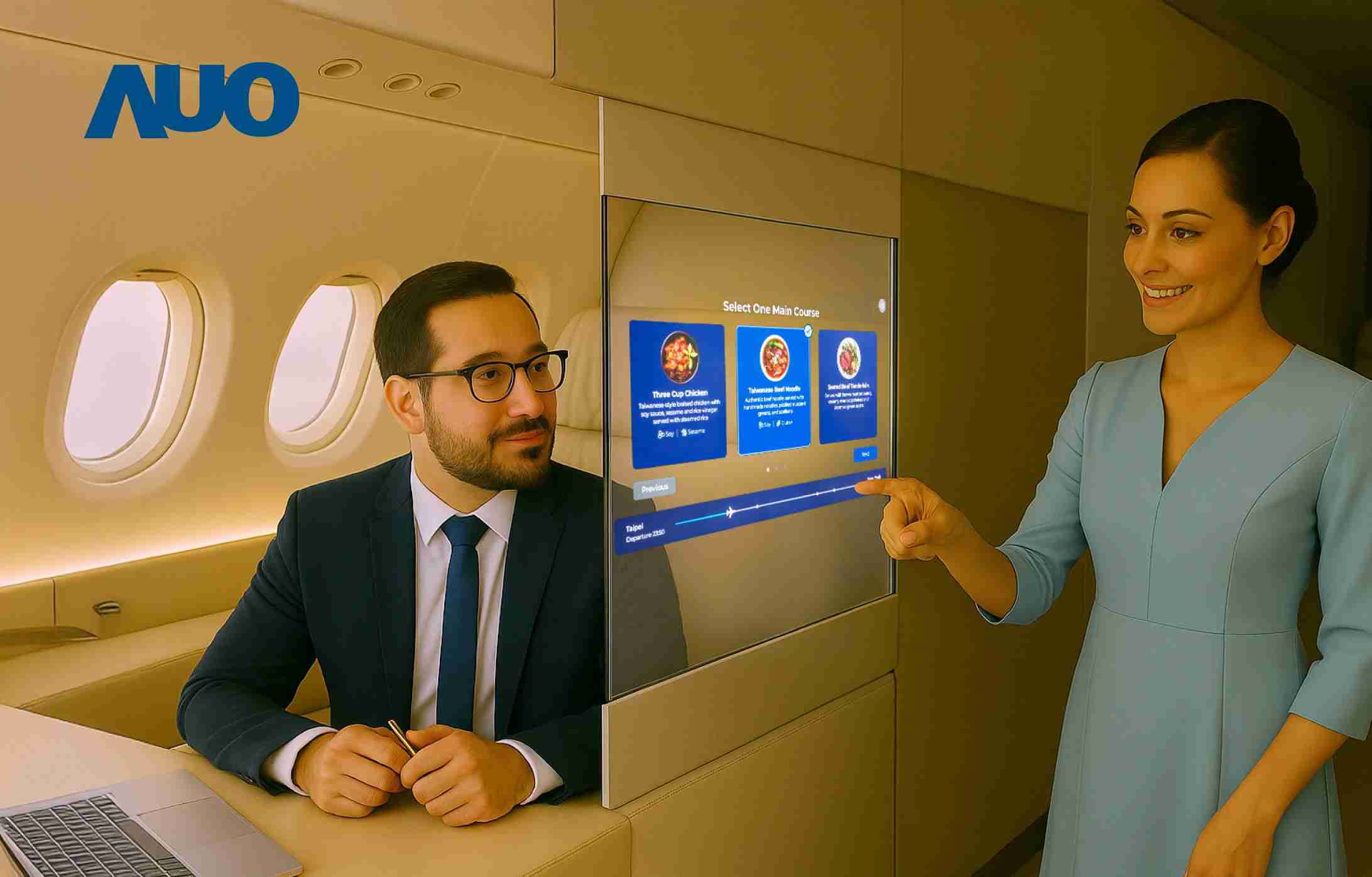 彩霸王研发全球最薄17.3 吋双面透明 Micro LED 显示器，，，可在同一屏幕之双边投射不同信息，，创造独特的”透明化”互动；图为实时翻译交流应用情境