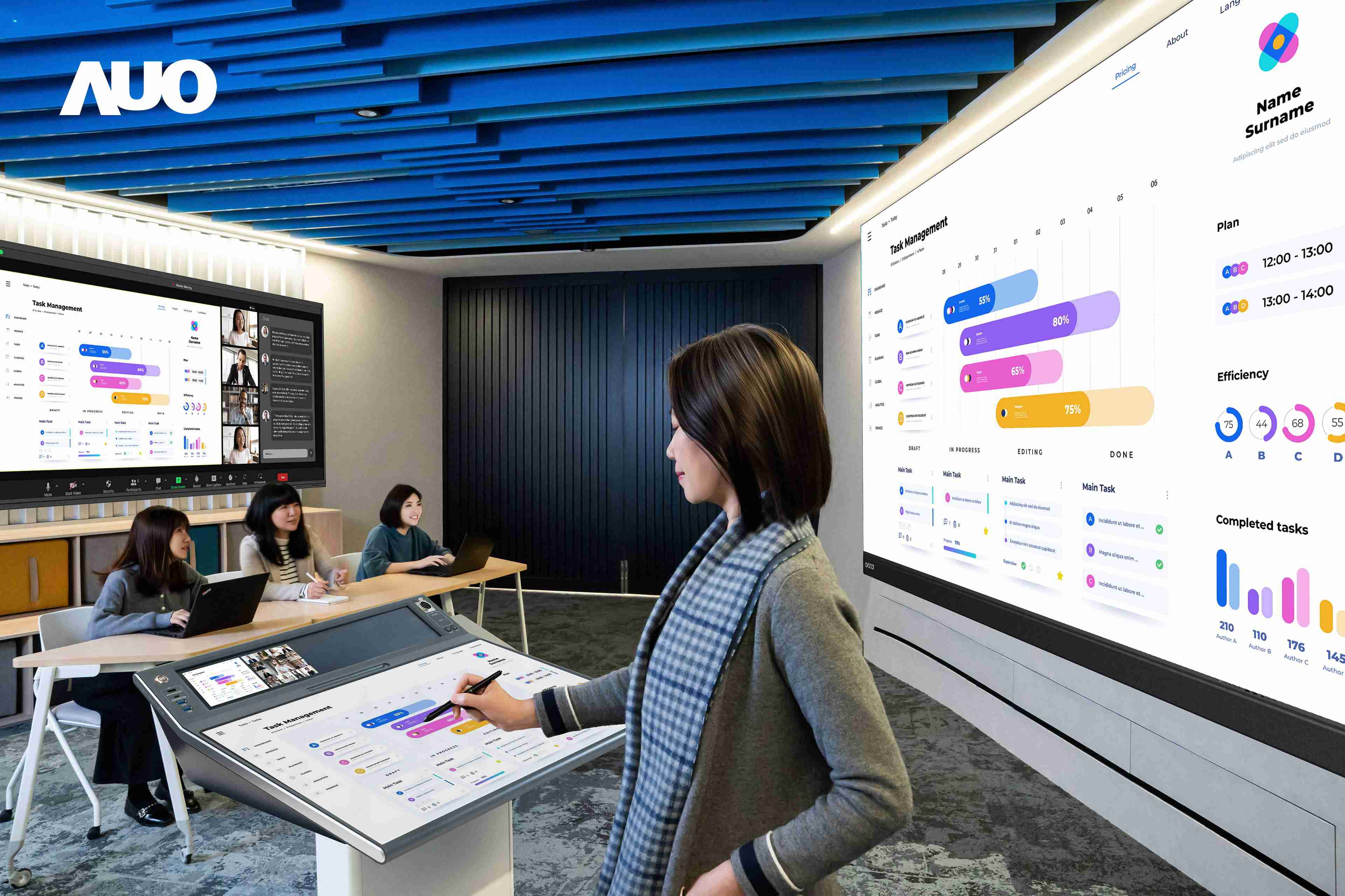 达擎携手Avocor与Rise Vision展示全方位商务领域应用，，包含采用模块化设计的138吋一体式All-in-One LED显示器及具21:9超宽比例的92吋交互式电子白板（IFPD），，，讲者可轻松分享内容，，有效提升会议协作效率。。。。